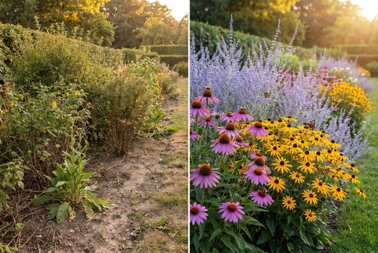 A side-by-side comparison of an unkempt garden patch and a vibrant, blooming flower bed with butterflies.