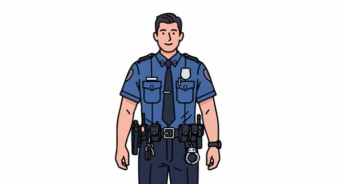 A cartoon police officer stands with a badge, handcuffs, and utility belt