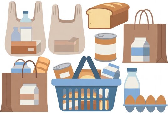 Illustrative Arrangement of Grocery Items and Eco-Friendly Bags for Shopping Needs and Meal Preparation