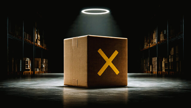 Carton avec une croix jaune dessus au milieu d'un entrep&ocirc;t de stockage