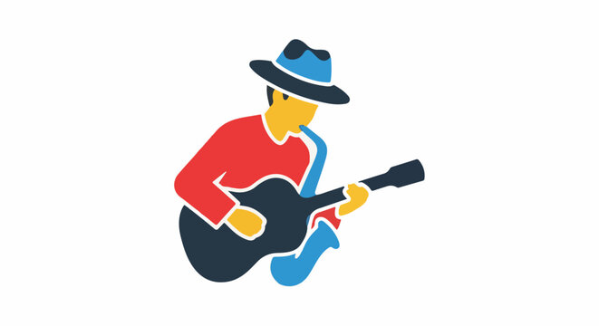 Stylized musician plays guitar and saxophone with a hat on