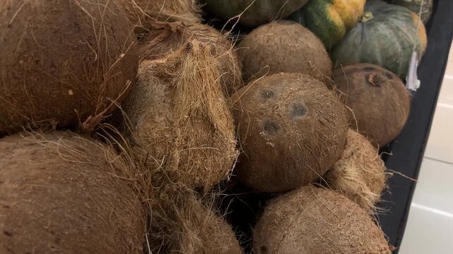 Tropical coconuts in a grocery store