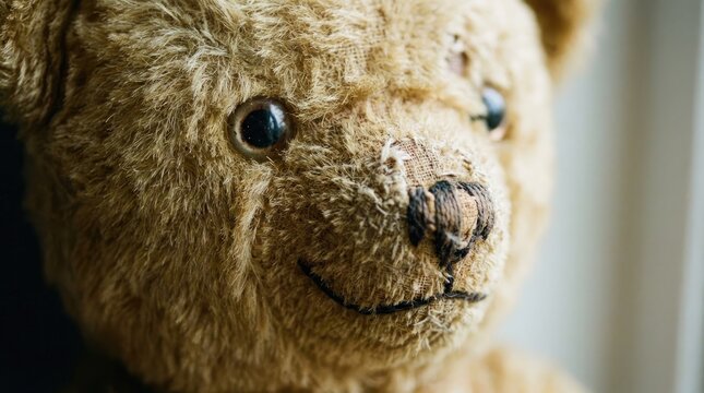 Bear doll with city ruin in background concept. Close-up of a vintage teddy bear with a charming smile.