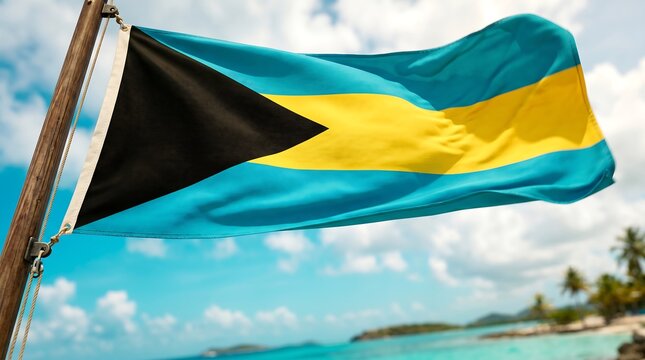 Bahamas flag waving in the tropical wind against turquoise sea and blue sky ideal for Caribbean travel marketing campaigns