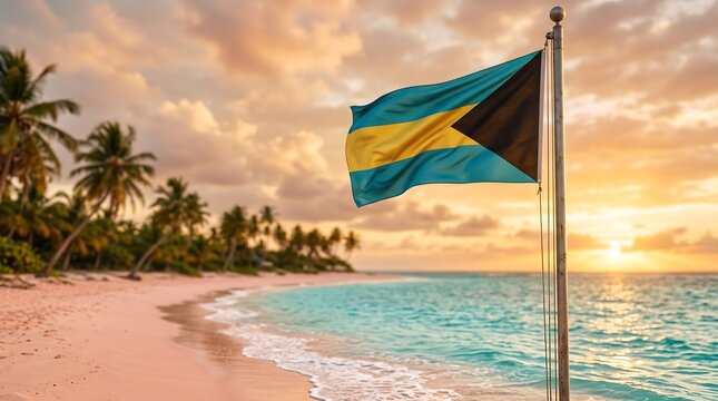Bahamas flag waving on a flagpole at a tropical beach with palm trees and golden sunset sky ideal for travel brochures