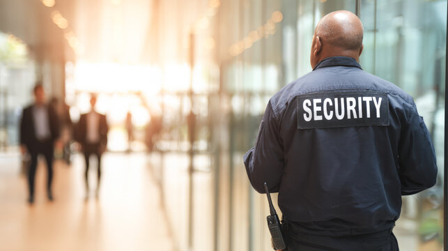 Security guard monitors office lobby during busy workday with warm sunlight filtering in