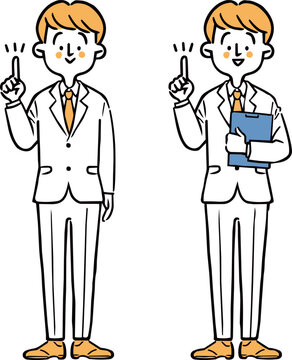 ポイントを説明する男性会社員2　全身　ベクター（オレンジ）