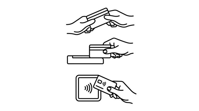 Three-step instructional illustration showing how to pay with a credit card: handing over the card, inserting it into a reader, and tapping for contactless payment at a POS terminal.