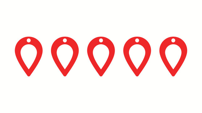 Five red map location pins icons arranged in a row on a white background, vector illustration
