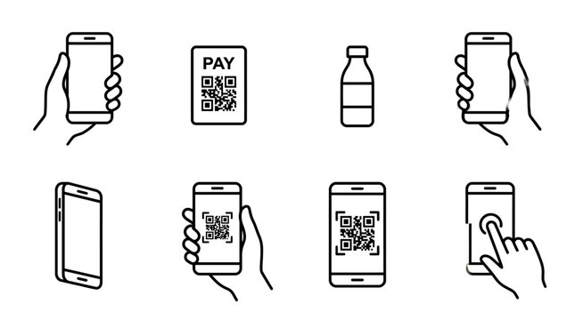 Line art icons illustrating mobile payment and QR code scanning for contactless checkout and digital wallet use