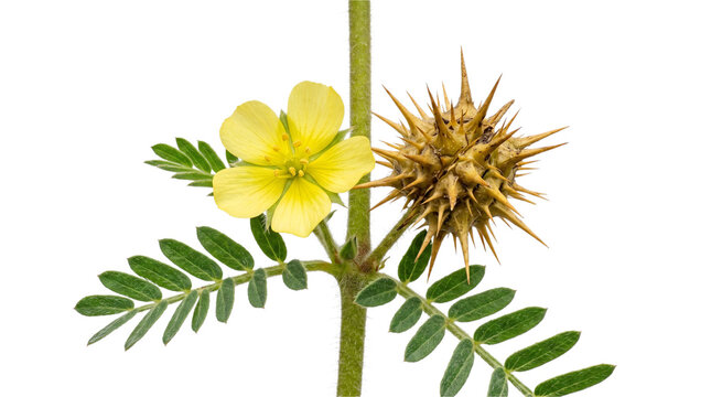 Tribulus terrestris plant with flower and spiky fruit isolated on transparent background
