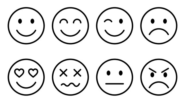 Eight round emoticon faces with different expressions, including happy, lovestruck, neutral, sad, angry, and dizzy, drawn in black line art on a white background.