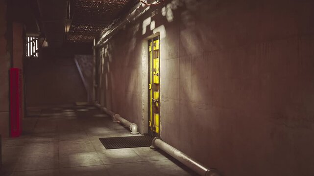 A narrow corridor with a yellow door at the end, casting shadows on the walls. The setting is industrial with pipes lining the floor and subtle lighting creating an eerie atmosphere.
