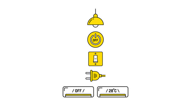 Vertical energy-saving illustration featuring a hanging lamp, timer, plug outlet, and switches to promote home automation, smart lighting, and turning off devices for energy efficiency.