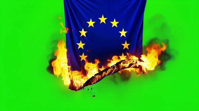 Europe flag on fire on green screen background with realistic flames and smoke, dramatic European Union symbol isolated for chroma key video, compositing, visual effects and motion graphics projects