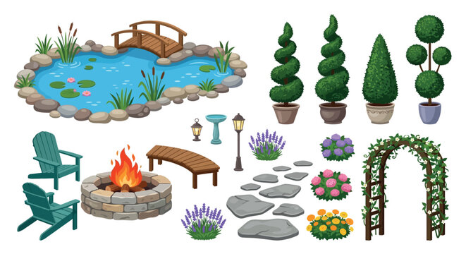 Garden elements vector illustration with pond plants and outdoor furniture