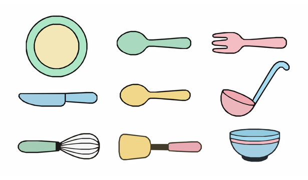 Cute cartoon cutlery character vector set with happy smiling fork knife spoon and plate illustration
