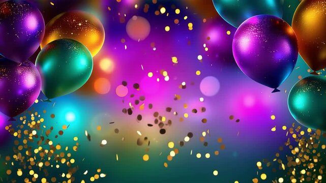 Colorful party and birthday balloons forming a festive frame with falling golden confetti, joyful celebration background featuring vibrant decorations, copy space and cheerful event atmosphere for vid