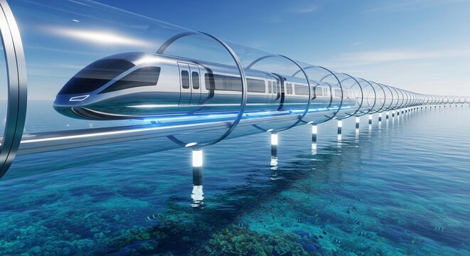 Futuristic Maglev Train Gliding Over Ocean Bridge in High-Tech Transportation System