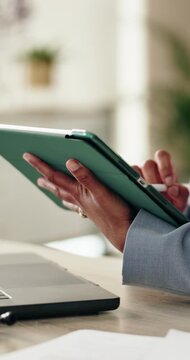 Business, hands and tablet with pen in office for editing statement, invoice verification or review. Finance manager, person and digital notes for interim report draft, budget preparation and stylus