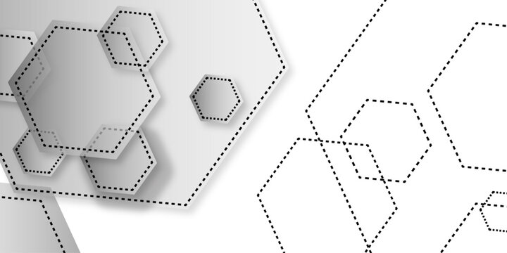 Abstract white gray and light blue color geometric hexagon shape and lines seamless pattern. Minimalist black and white hexagon outline pattern with varying sizes.