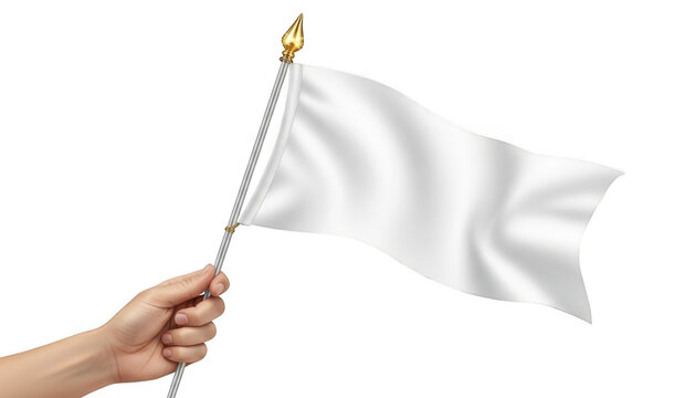 Hand holding white surrender flag with golden tip against plain background