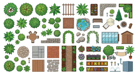 Top down Garden Elements Vector Illustration With White Background © rita