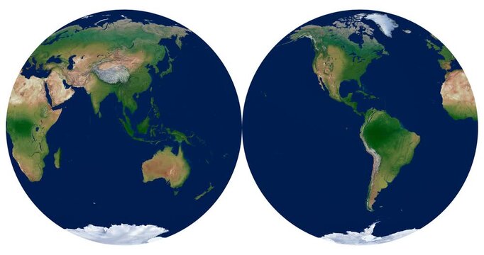 World Map. Interrupted Mollweide projection of two hemispheres. High detail physical map. Longitude rotation animation.