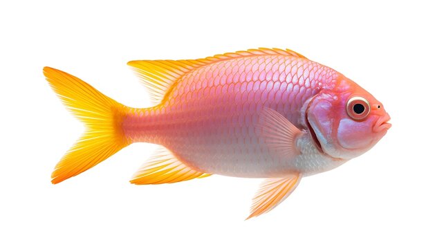 Brightly colored tropical fish with pinkish purple body orange yellow fins iridescent scales rounded shape prominent eye plain white background vivid detail