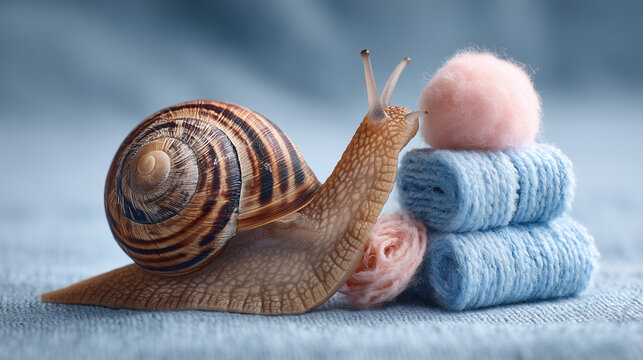 A cute snail is crawling in a blue spa towel and soft pink cotton stuffing.
