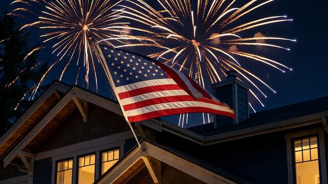 American Flag Waving Over House with Fireworks &mdash; Fourth of July Night Celebration Patriotic Suburban Home