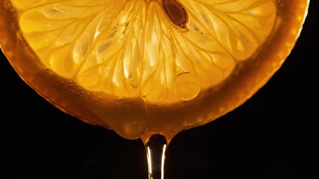 Macro Citrus Slice with Hanging Juice Droplet on Black Background, Ideal for Beverage Advertising.