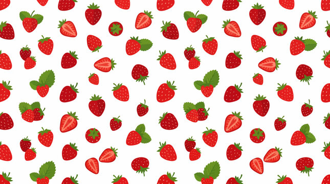 Pattern of fresh strawberries scattered across a white background.