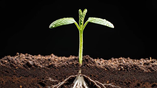 New Life Beginning: Green Sprout with Visible Root System in Dark Soil against Black Background, Ideal for Environmental and Agricultural Content.