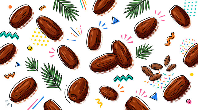 Pattern of Coffee Beans, Nuts and Leaves Across a White Background.