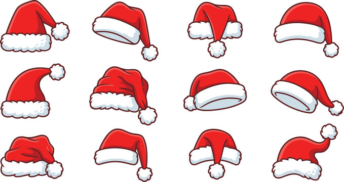 Collection of various red santa hats with white fur trim isolated on white background
