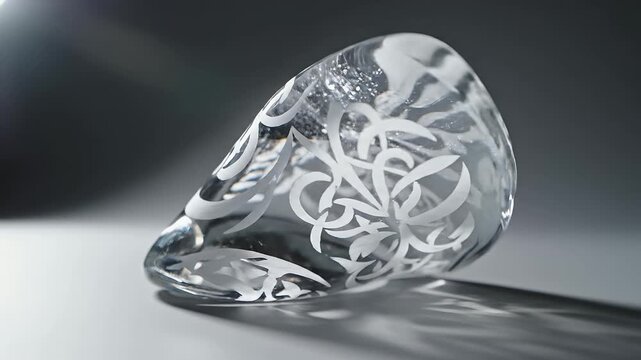 Clear crystal sculpture with etched patterns and lighting.