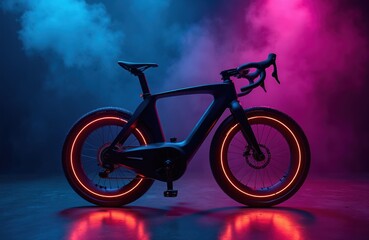 Fototapeta premium Sleek modern electric bike sits in studio with blue and pink neon lights. Smoke swirls around futuristic cycle with glowing rims. Future transport concept.