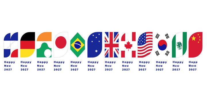 Curved shape world flags collection celebrating happy new year 2027 with celebration international countries patriotic australia graphics greeting national diversity geography