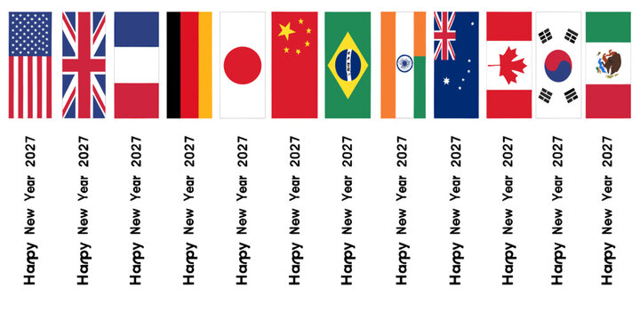 Vertical alignment of world flags with happy new year 2027 inscription vertical international celebration countries australia patriotic diplomacy politics graphics greeting