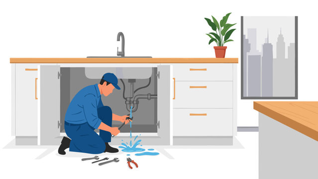Plumber fixing pipes under kitchen sink in modern city apartment with tools