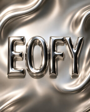 Metallic silver EOFY typography on abstract luxury background