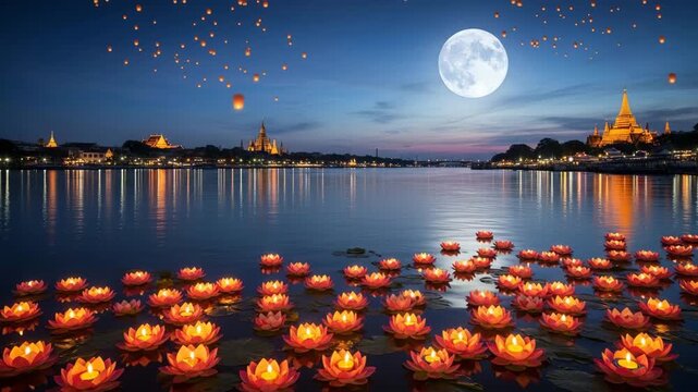 Lay Krathong festival: floating lotus lanterns and sky lanterns over Bangkok river at night 4K Ai HD high quality video.