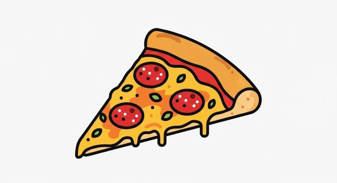 Cartoon pizza slice with pepperoni and cheese on white background