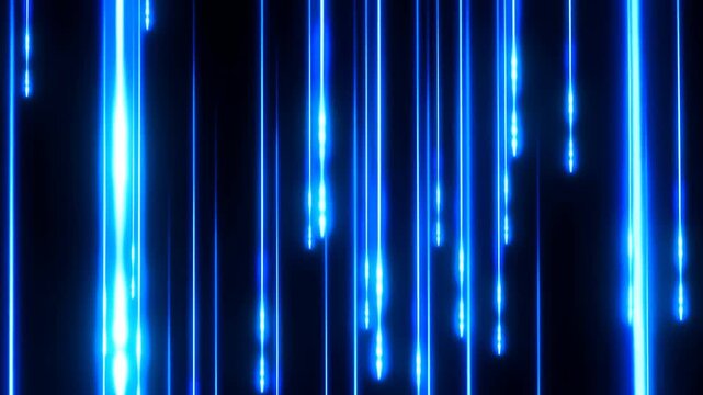 Slow motion static shot of blue light streaks descending and streaming against black backdrop in abstract neon vertical lines for digital futuristic visuals