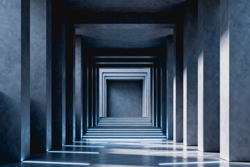 Fototapeta premium A minimalist, symmetrical concrete interior corridor with repeating square frames, showcasing geometric perspective and clean lines.