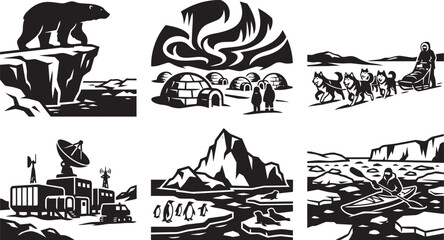 Set of Minimalist Arctic and Antarctic Expedition Silhouettes Featuring Polar Bears, Igloos, Dog Sleds, Research Stations, Penguins, and Kayaking on Ice Isolated on a White Background © rofikgraph24