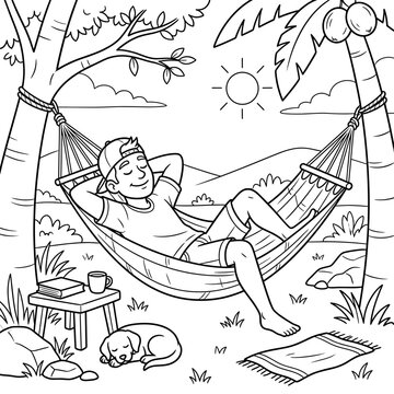 Man relaxing in hammock with dog coloring page