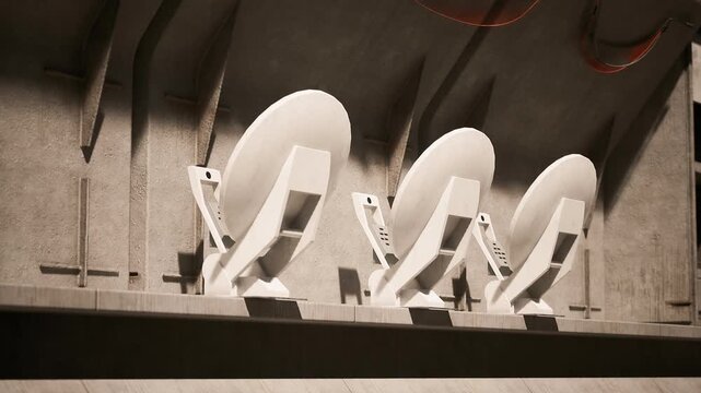 Three satellite dishes are aligned on a concrete wall in a high tech facility. The dishes are designed for optimal signal reception, reflecting advanced technology.