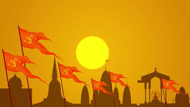 waving flag Sanatan dharma with Hindu temple vector background